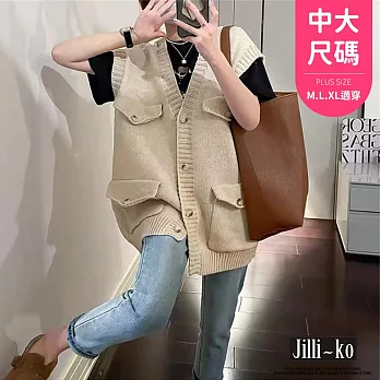 【Jilli~ko】V領針織時尚疊穿寬鬆馬甲外套女中大尺碼 J11295  FREE 淺卡