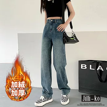 【Jilli~ko】加絨加厚女高腰顯瘦直筒拖地牛仔褲 M-2XL J11537  L 藍色