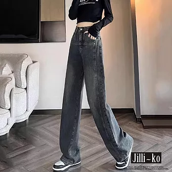 【Jilli~ko】水泥灰潮流女高腰闊腿直筒拖地牛仔褲 M-2XL J11579  M 深灰色