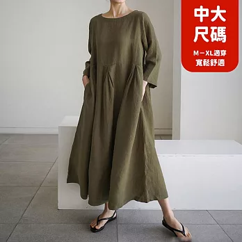 【慢。生活】棉麻圓領套頭寬鬆高腰打褶連衣裙中大尺碼 29002  FREE 綠色