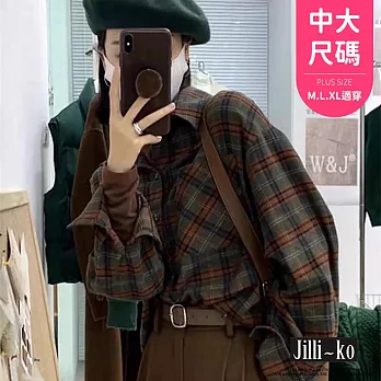 【Jilli~ko】美式復古女寬鬆慵懶格子襯衫中大尺碼 J11588  FREE 深綠