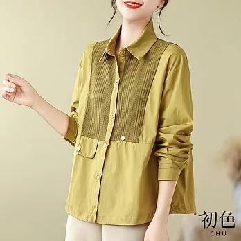 【初色】翻領純色拼接薄款長袖襯衫上衣女上衣-共3色-32880(M-2XL可選) 2XL 黃色