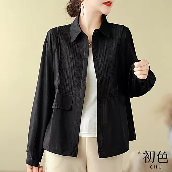 【初色】翻領純色拼接薄款長袖襯衫上衣女上衣-共3色-32880(M-2XL可選) 2XL 黑色
