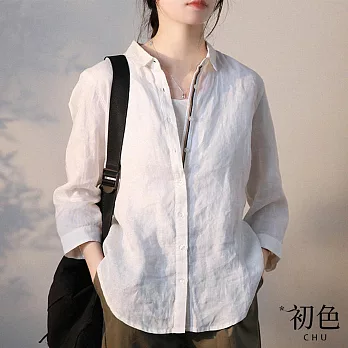 【初色】棉麻風彩色織帶純色翻領八分長袖襯衫上衣-共2色-32887(M-2XL可選) 2XL 白色