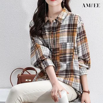 【AMIEE】韓版磨毛格子寬鬆長袖襯衫(KDTY-2118) XL 卡其