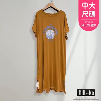 【Jilli~ko】韓版夏季印花過膝開衩連衣裙 J10676 FREE 卡其黃