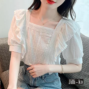 【Jilli~ko】小清新方領荷葉邊甜美蕾絲泡泡袖上衣 J11631  FREE 白色