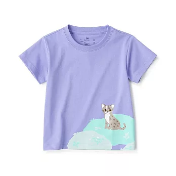 【MUJI 無印良品】幼兒棉混聚酯纖維容易穿脫印花短袖T恤 90 西表山貓(紫色)