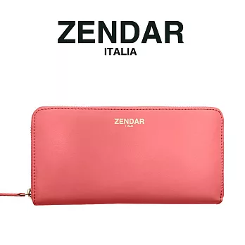 【ZENDAR】台灣總代理 限量1折 頂級小牛皮素面LOGO拉鍊皮夾 莉亞系列 全新專櫃展示品 玫瑰粉色