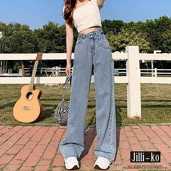 【Jilli~ko】交叉造型高腰闊腿直筒拖地牛仔褲 M-XXL J11725  L 淺藍色