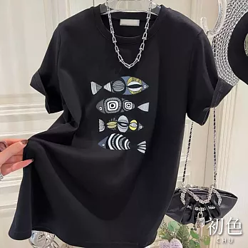【初色】夏日小魚印花寬鬆圓領短袖T恤上衣-共5色-33119(M-2XL可選) XL 黑色