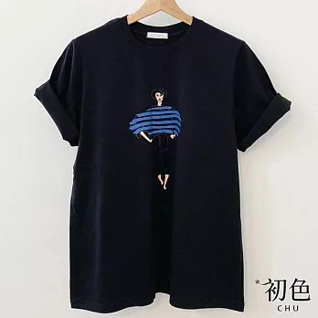 【初色】螺紋圓領時尚人物印花短袖T恤上衣-共3色-33125(M-2XL可選) M 黑色