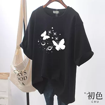 【初色】蝴蝶印花中長款短袖T恤上衣-共2色-33118(M-2XL可選) XL 黑色
