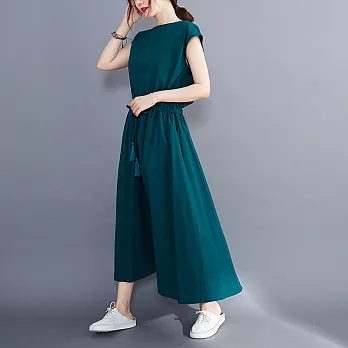 【ACheter】 文藝大擺裙可收腰寬鬆大碼棉麻感圓領蓋短袖連身裙純色洋裝# 121471 M 墨綠色