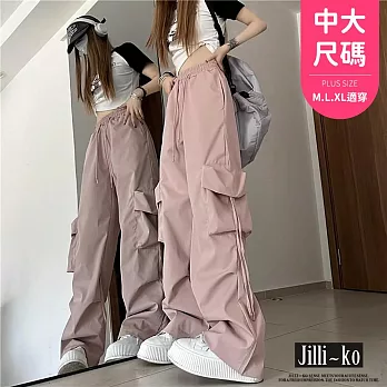 【Jilli~ko】美式復古工裝抽繩設計感直筒闊腿褲 J11758  FREE 粉紅色