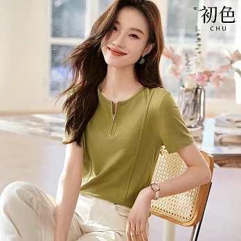 【初色】簡約純色拉鍊圓領短袖弧形下擺顯瘦T恤上衣女上衣-綠色-33455(M-2XL可選) M 綠色