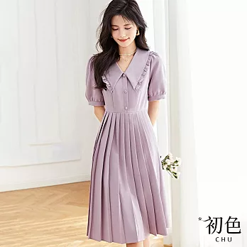 【初色】大碼翻領收腰顯瘦短袖連身百褶裙洋裝-共2色-33422(L-2XL可選) XL 紫色