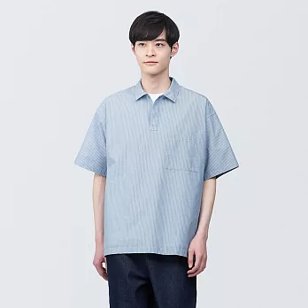 【MUJI 無印良品】男棉混涼感短袖布帛POLO衫 L 深藍直紋