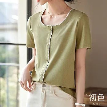 【初色】清涼感簡約方領撞色貝殼繡短袖襯衫上衣女上衣-綠色-33970(M-2XL可選) 2XL 綠色