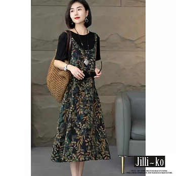 【Jilli~ko】假兩件設計感碎花拼接圓領短袖連衣裙 J11831  FREE 黑色