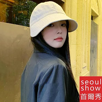 seoul show首爾秀 華夫格挺版束口棒球帽四季漁夫帽防曬遮陽帽 米白