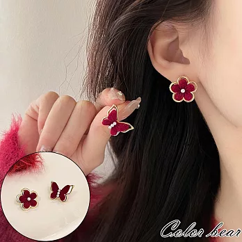 【卡樂熊】S925銀針絲絨花朵蝴蝶造型耳環/耳針- 紅色
