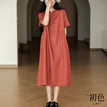 【初色】純色棉麻風圓領開襟多扣短袖寬鬆中長裙連衣裙連身洋裝-共4色-35013(M-2XL可選) XL 磚紅