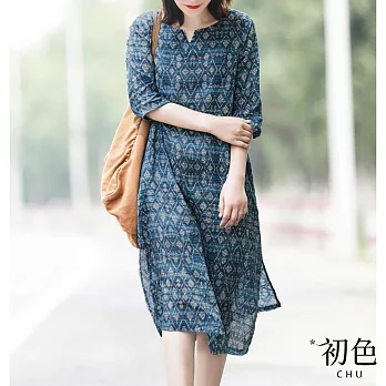 【初色】民族風印花棉麻風洋裝-深藍色-62095(M-2XL可選) M 深藍色