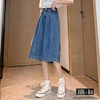 【Jilli~ko】高腰闊腿顯瘦休閒七分闊腿牛仔褲女 M-XL J11836 L 藍色