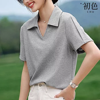 【初色】休閒簡約純色POLO領半開領短袖T恤上衣女上衣-共2色-34627(M-3XL可選) XL 灰色