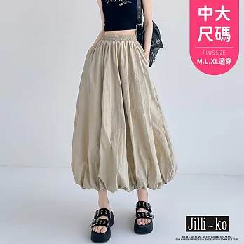 【Jilli~ko】中大尺碼鬆緊高腰工裝風降落傘裙女 J11828  FREE 卡其色