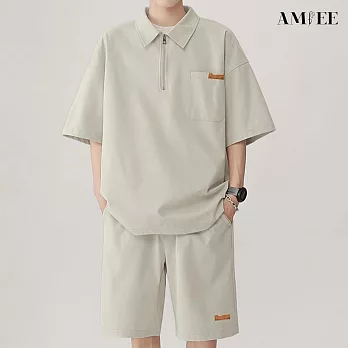 【AMIEE】寬鬆休閒冰絲POLO衫兩件套(男裝/KDAY-A112) M 米白