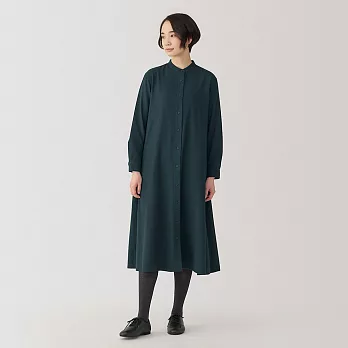 【MUJI 無印良品】女雙面起毛法蘭絨立領長袖洋裝 M 深綠