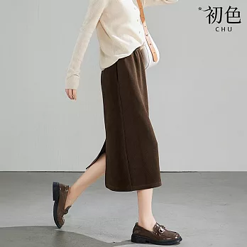 【初色】通勤風純色燈芯絨毛呢後開衩A字半身裙中長裙-共3色-37516(M-2XL可選) XL 咖色