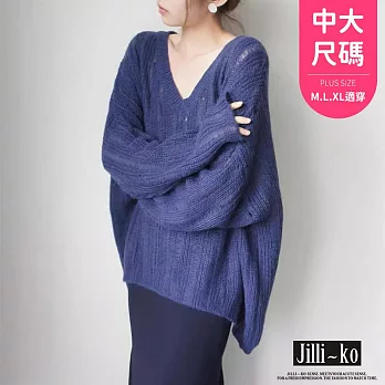 【Jilli~ko】V領馬海毛毛衣女慵懶溫柔寬鬆鏤空套頭針織衫上衣 J11957  FREE 藍色