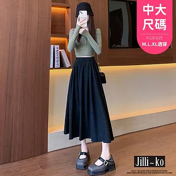 【Jilli~ko】糯米裙女高腰顯瘦傘裙A字中長學院風針織半身裙 J11975  FREE 黑色