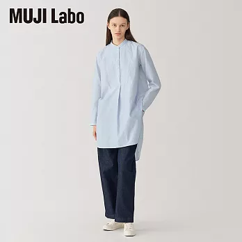 【MUJI 無印良品】MUJI Labo女蠶絲混長版衫 S 淺藍直紋