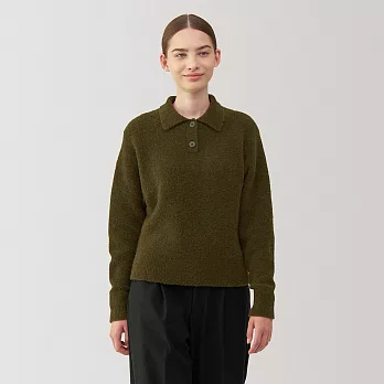【MUJI 無印良品】女羊毛混毛絨POLO針織衫 L 卡其綠