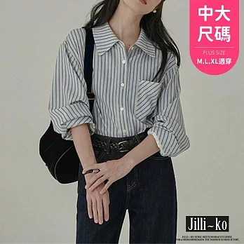 【Jilli~ko】慵懶韓系冰藍條紋襯衣長袖襯衫女 J12028  FREE 藍色