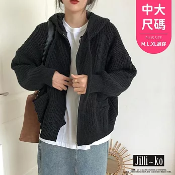 【Jilli~ko】慵懶復古雙口袋拉鍊外套女寬鬆連帽毛衣 J12012  FREE 黑色