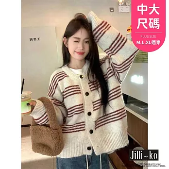 【Jilli~ko】小香風條紋外搭毛衣慵懶復古開衫 J12054  FREE 咖色