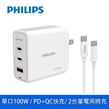 【Philips 飛利浦】100W GaN氮化鎵PD TypeC USB PD/QC 3孔+100W傳輸線旅充組(DLP6343C)