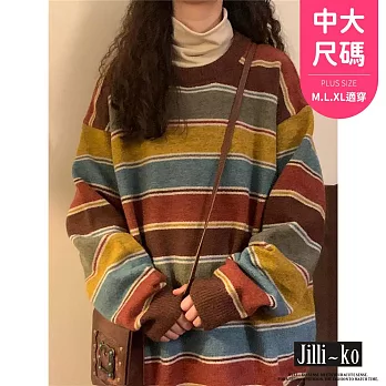 【Jilli~ko】慵懶風休閒寬鬆撞色條紋針織上衣 J12089  FREE 紅色