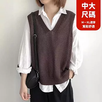 【慢。生活】V領復古鏤空寬鬆針織馬甲背心 J11932  FREE 咖色