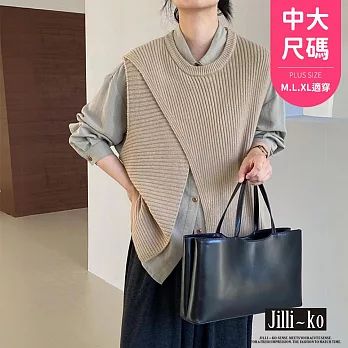 【Jilli~ko】慵懶圓領寬鬆不規則疊穿針織馬甲 J12121  FREE 卡其