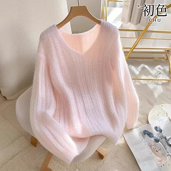 【初色】慵懶風純色百搭寬鬆休閒V領長袖針織毛衣上衣女上衣-粉色-39512(F可選) F 粉色