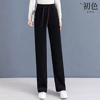 【初色】休閒純色百搭垂感高腰顯瘦燈芯絨坑條闊腿褲寬褲長褲-共4色-39483(M/L可選) M 黑色