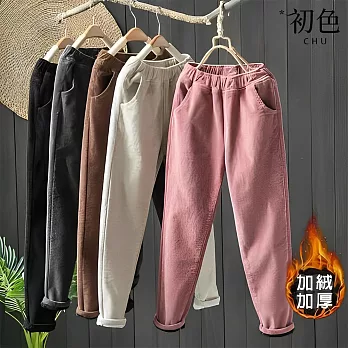 【初色】文藝復古鬆緊腰加絨加厚燈芯絨哈倫褲休閒褲寬褲長褲-共4色-39467(M-4XL可選) M 粉色