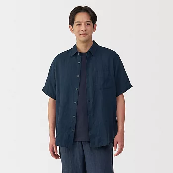 【MUJI 無印良品】男亞麻水洗短袖襯衫 S 深藍