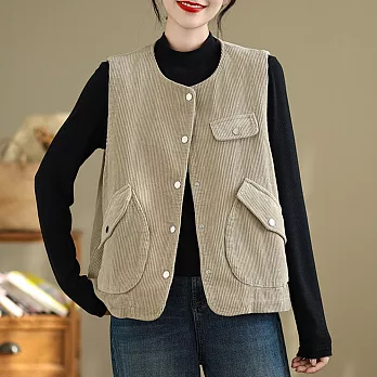 【ACheter】 復古棉燈芯絨馬甲大口袋純色圓領單排扣背心短版外套# 124306 M 杏色